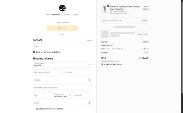 CRZ YOGA checkout page showing CRZ YOGA discount code box | Screenshot taken by SimplyCodes community member on Jul 12, 2025