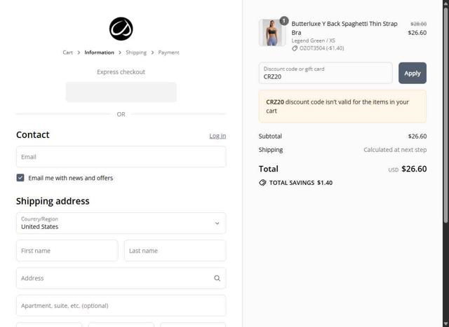 CRZ YOGA checkout page showing CRZ YOGA discount code box | Screenshot taken by SimplyCodes community member on Aug 20, 2025