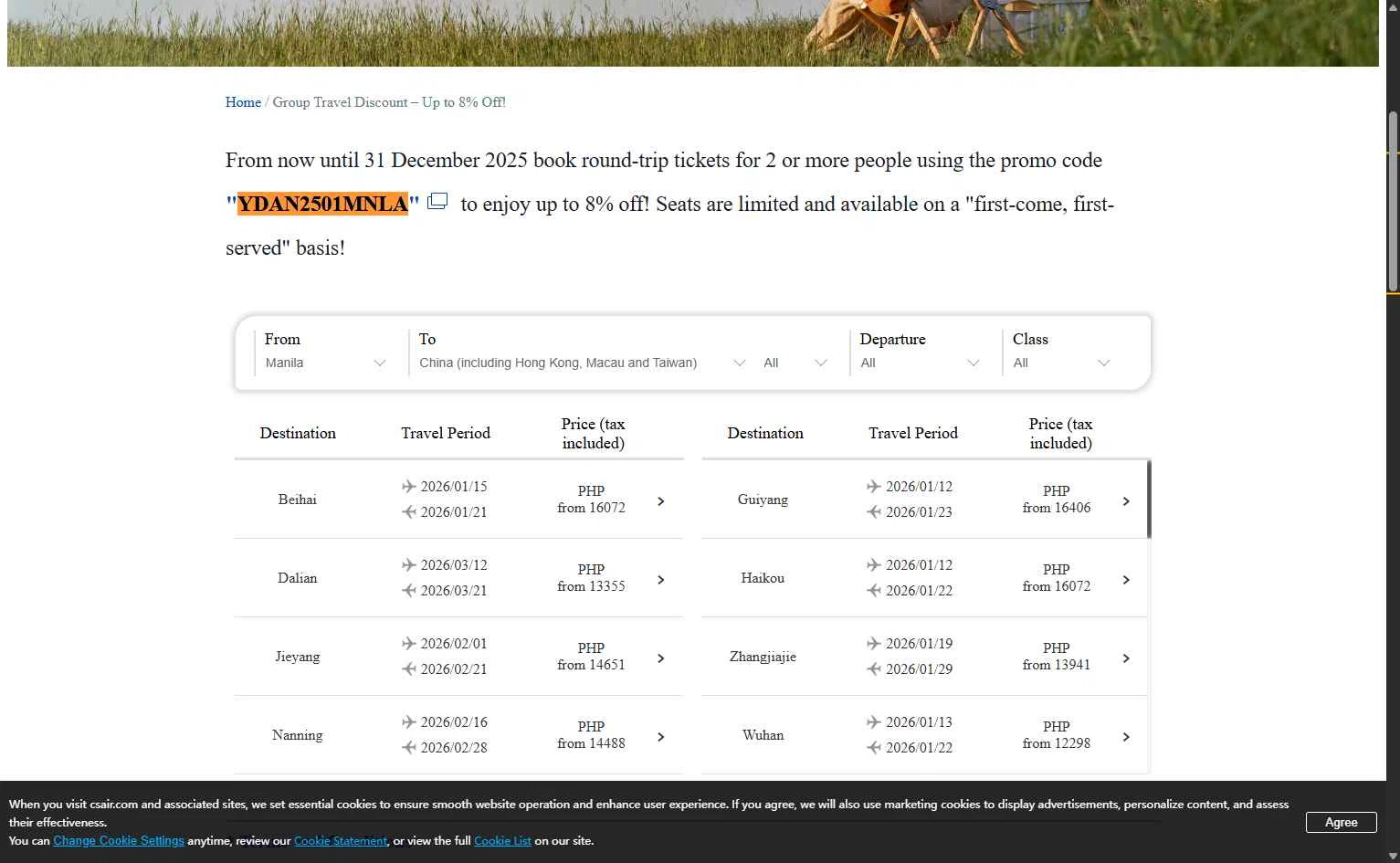 China Southern Airlines checkout page showing China Southern Airlines promo code box | Screenshot taken by SimplyCodes community member on Dec 19, 2025