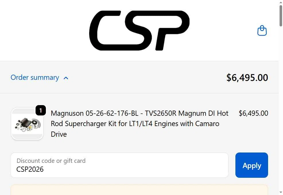 CSPRacing checkout page showing CSPRacing coupon code box | Screenshot taken by SimplyCodes community member on Feb 8, 2026