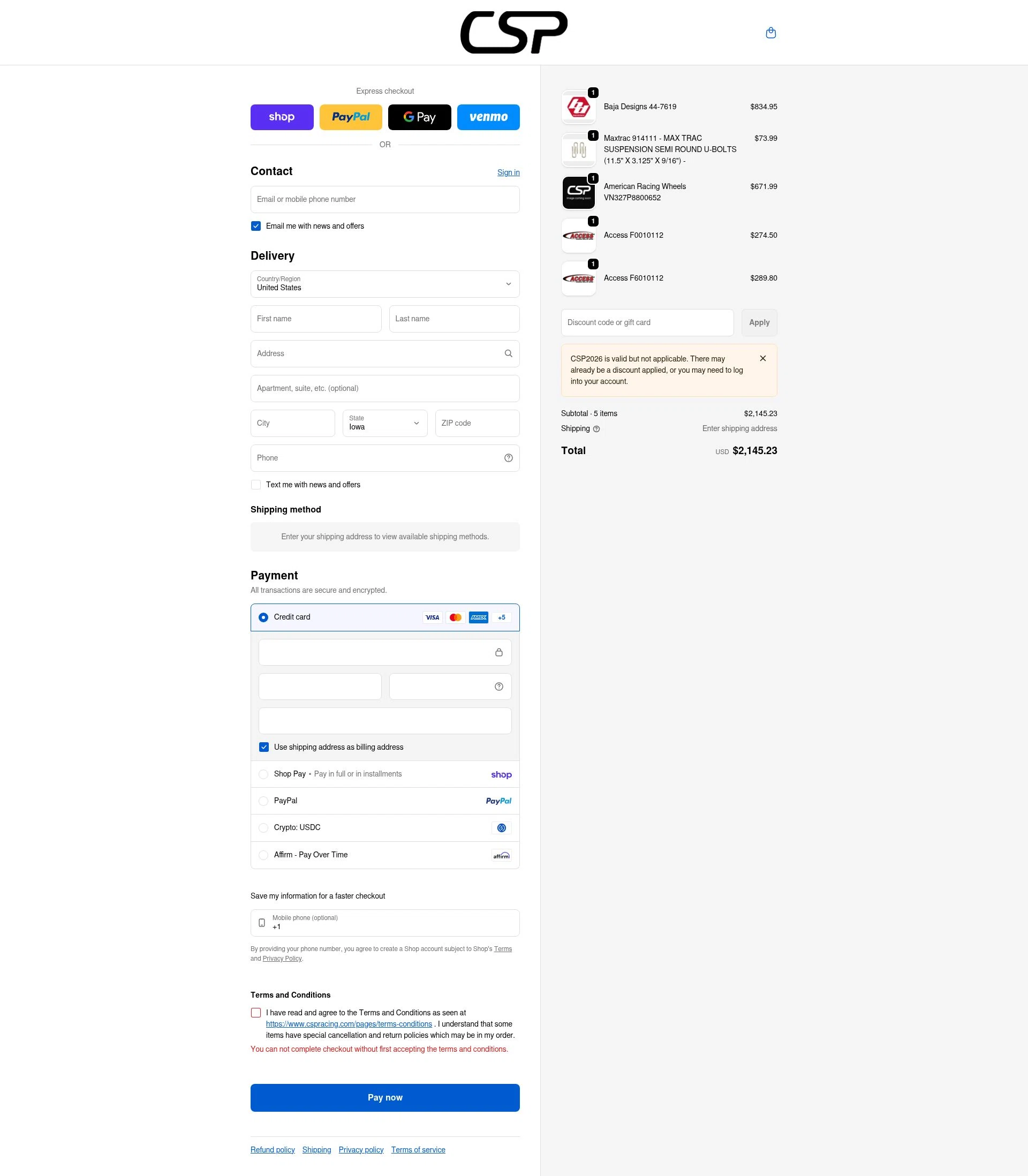 CSPRacing checkout page showing CSPRacing coupon code box | Screenshot taken by SimplyCodes community member on Feb 10, 2026