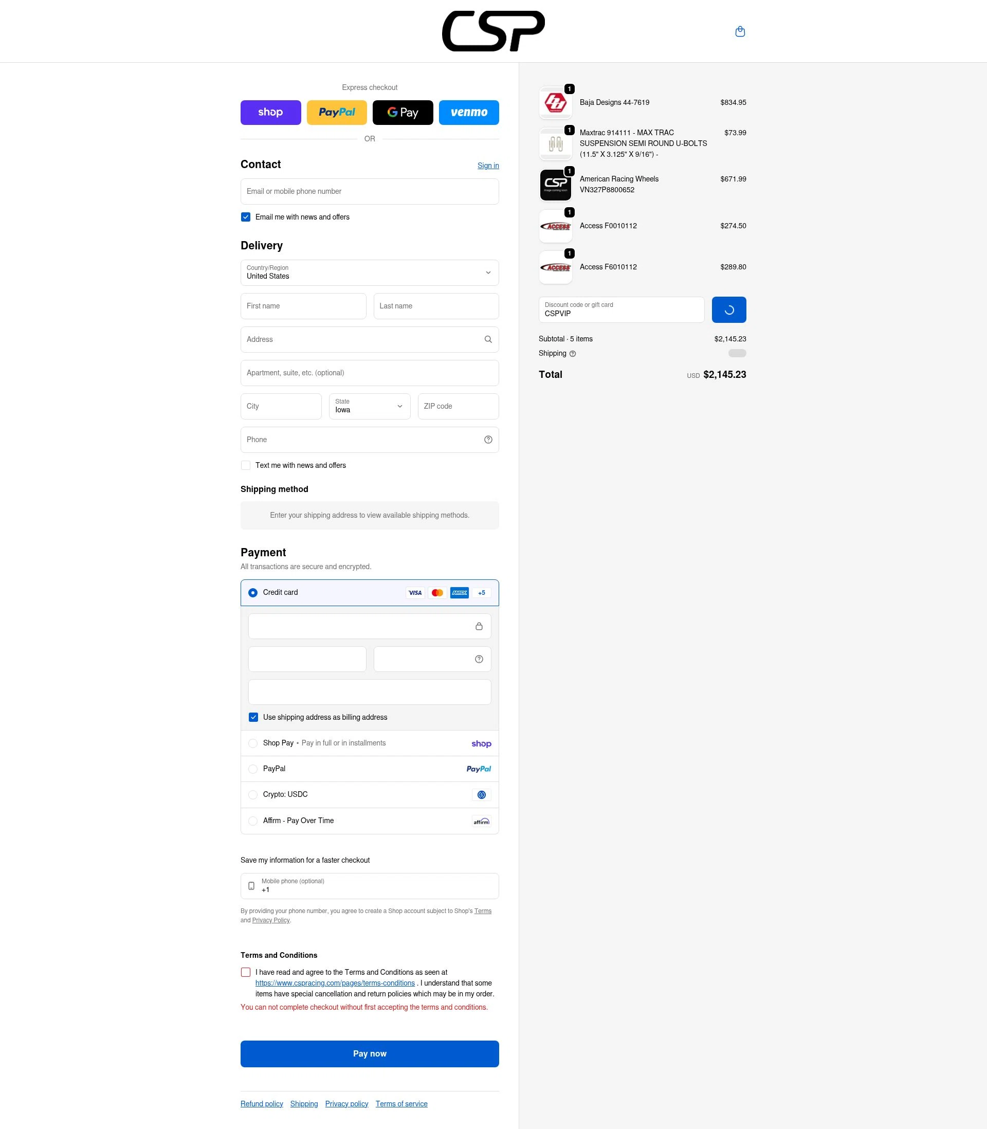 CSPRacing checkout page showing CSPRacing coupon code box | Screenshot taken by SimplyCodes community member on Feb 13, 2026