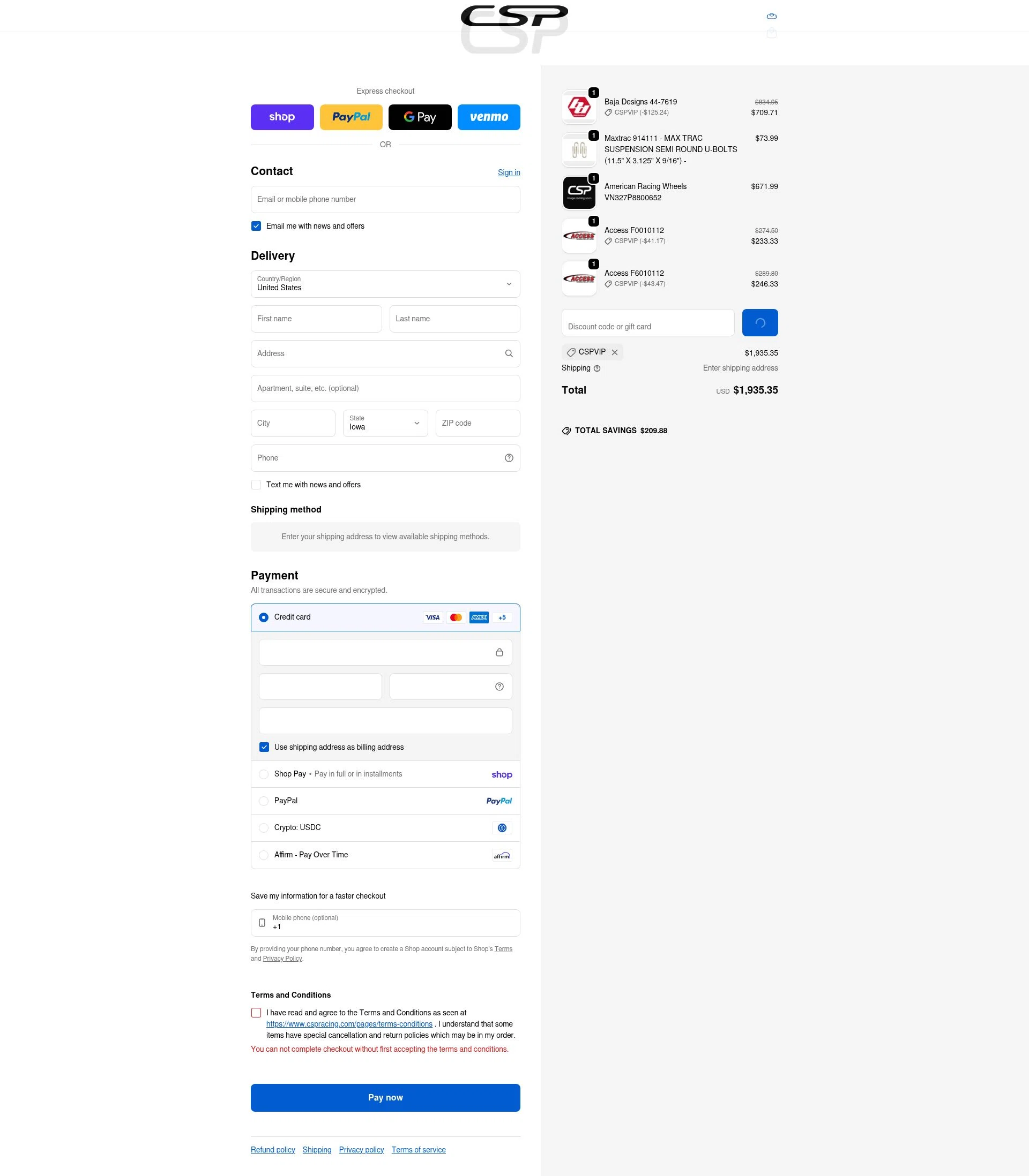 CSPRacing checkout page showing CSPRacing coupon code box | Screenshot taken by SimplyCodes community member on Feb 10, 2026