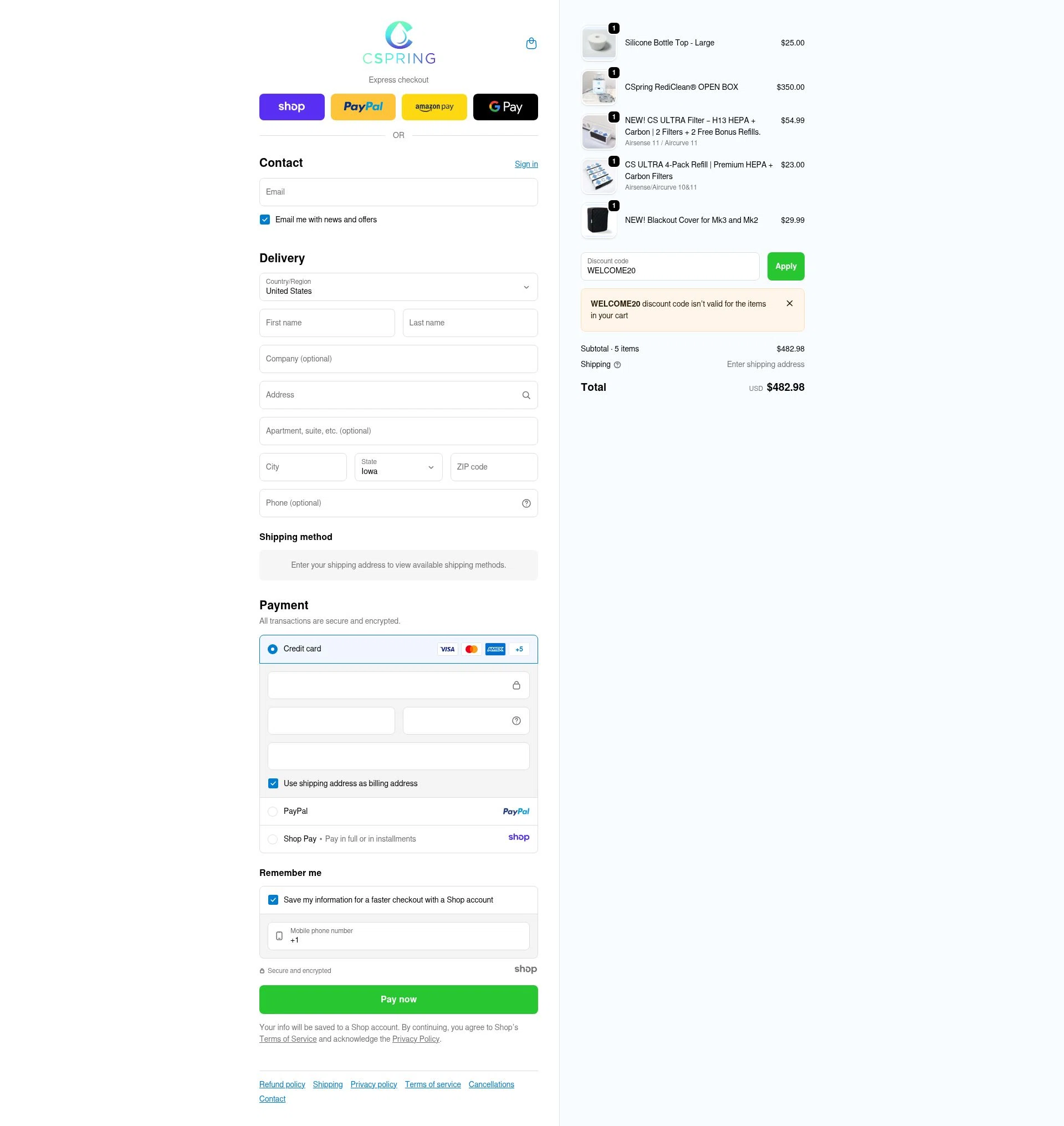 Cspring checkout page showing Cspring discount code box | Screenshot taken by SimplyCodes community member on Nov 25, 2025