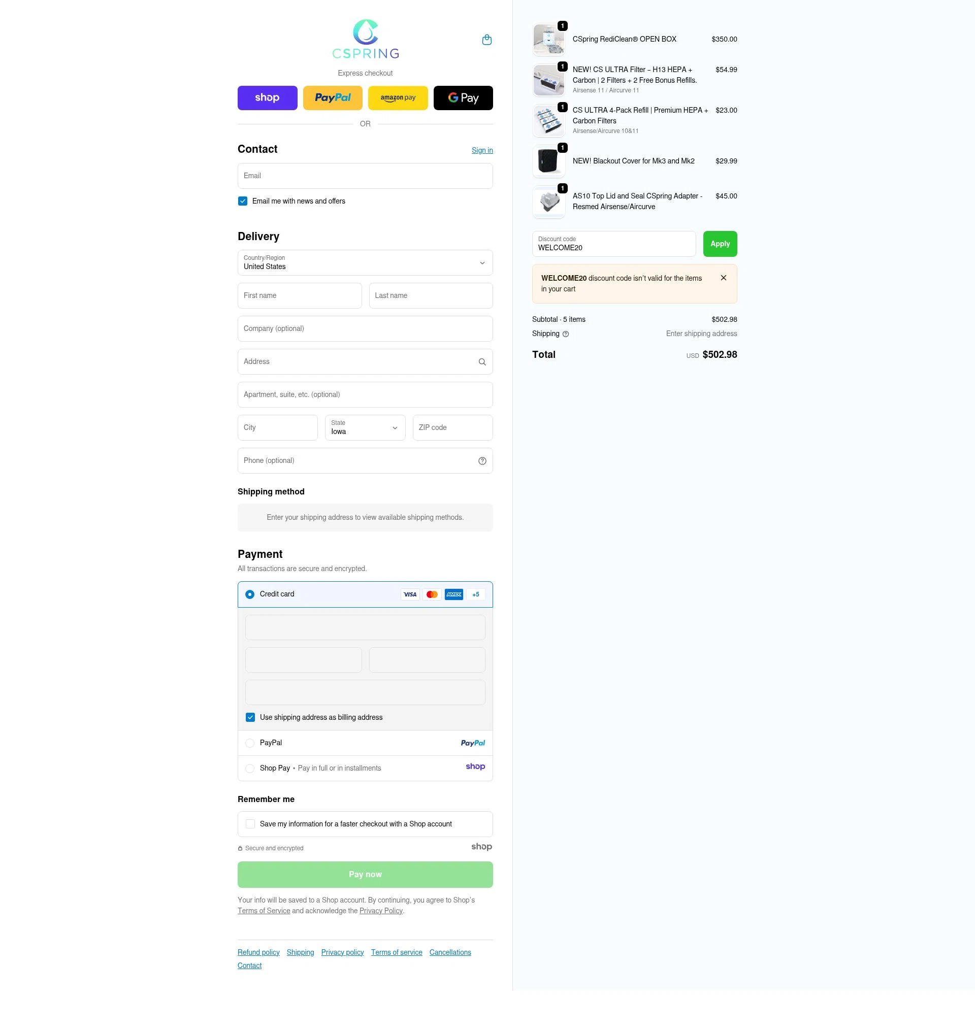 Cspring checkout page showing Cspring discount code box | Screenshot taken by SimplyCodes community member on Nov 20, 2025
