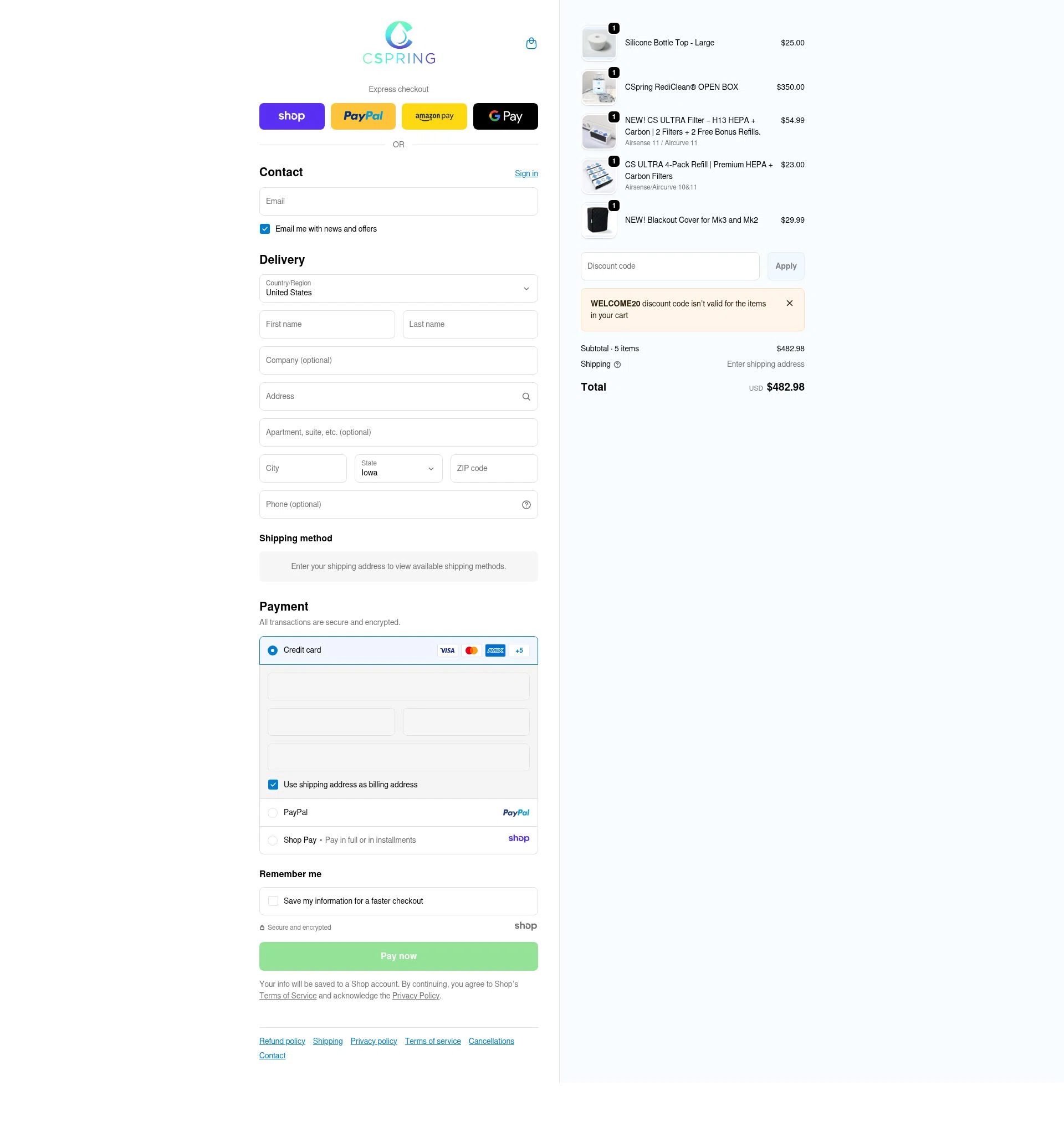 Cspring checkout page showing Cspring discount code box | Screenshot taken by SimplyCodes community member on Dec 17, 2025
