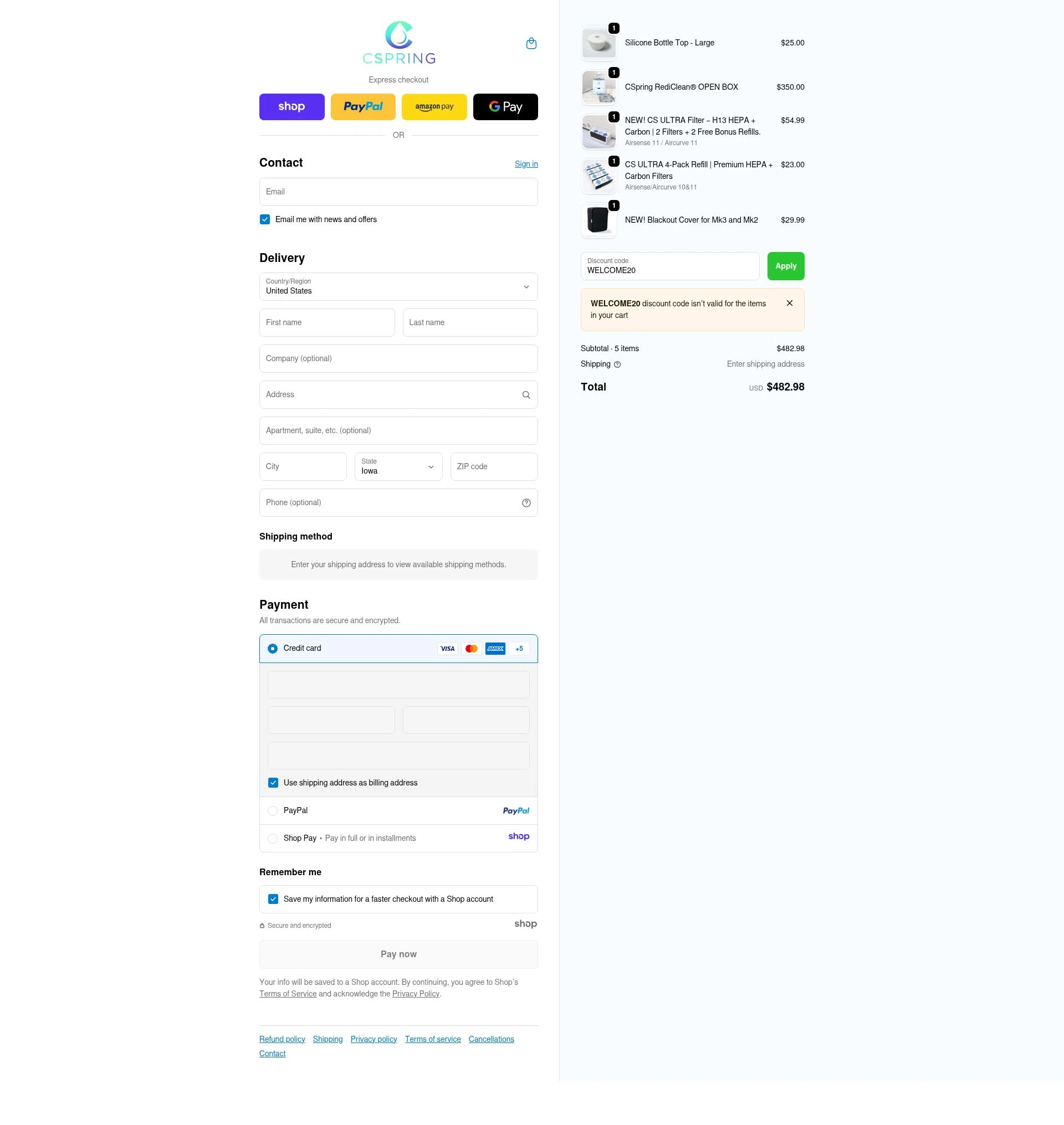 Cspring checkout page showing Cspring discount code box | Screenshot taken by SimplyCodes community member on Dec 5, 2025