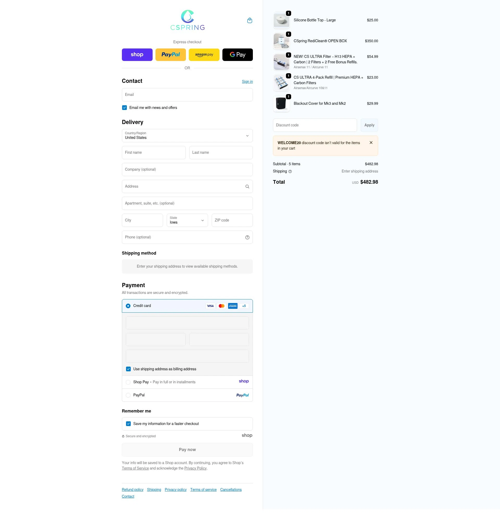 Cspring checkout page showing Cspring discount code box | Screenshot taken by SimplyCodes community member on Dec 28, 2025