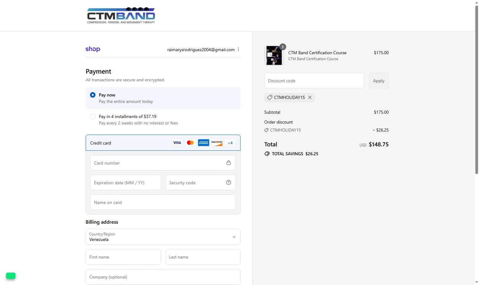 CTM Band checkout page showing CTM Band promo code box | Screenshot taken by SimplyCodes community member on Sep 4, 2025