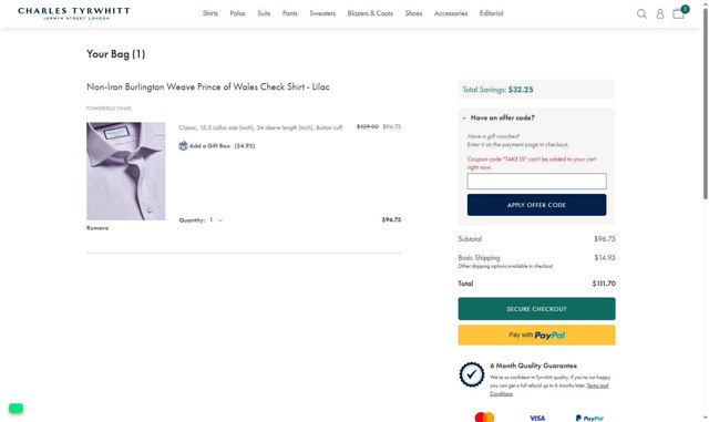 Charles Tyrwhitt checkout page showing Charles Tyrwhitt promo code box | Screenshot taken by SimplyCodes community member on Aug 28, 2025