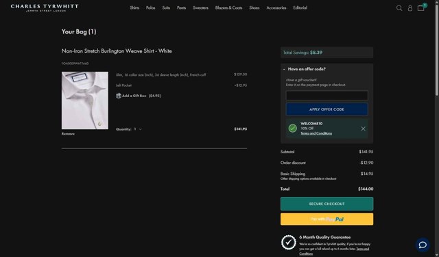 Charles Tyrwhitt checkout page showing Charles Tyrwhitt promo code box | Screenshot taken by SimplyCodes community member on Aug 22, 2025