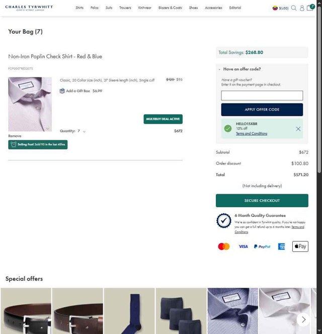 Charles Tyrwhitt checkout page showing Charles Tyrwhitt promo code box | Screenshot taken by SimplyCodes community member on Aug 29, 2025