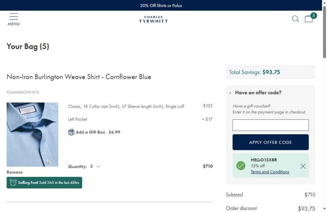 Charles Tyrwhitt checkout page showing Charles Tyrwhitt promo code box | Screenshot taken by SimplyCodes community member on Aug 21, 2025