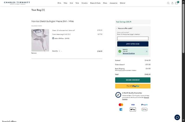Charles Tyrwhitt checkout page showing Charles Tyrwhitt promo code box | Screenshot taken by SimplyCodes community member on Aug 23, 2025