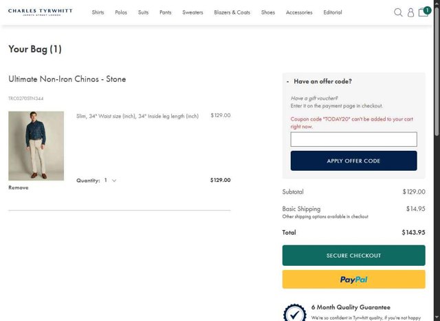 Charles Tyrwhitt checkout page showing Charles Tyrwhitt promo code box | Screenshot taken by SimplyCodes community member on Aug 19, 2025
