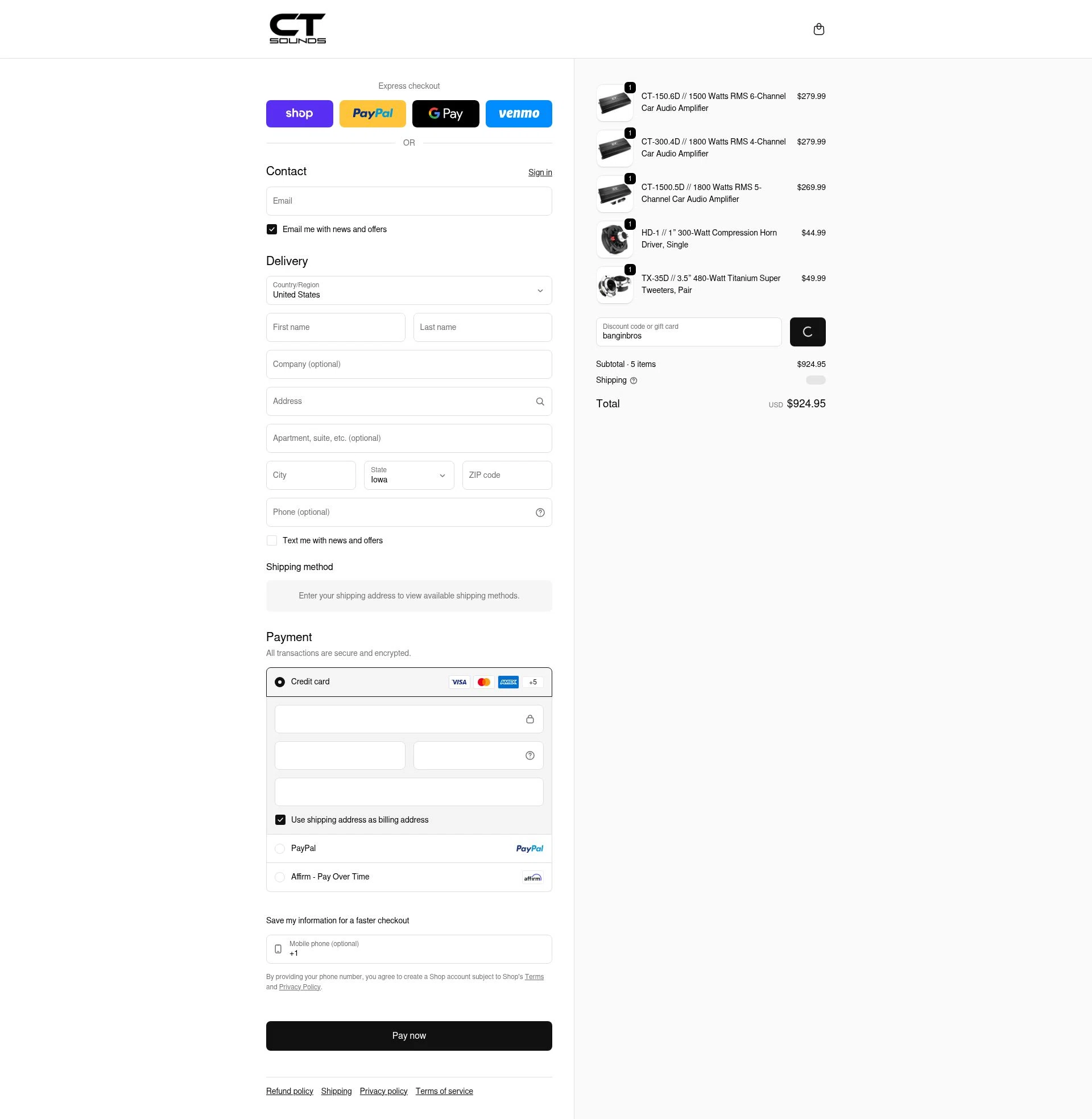 CT Sounds checkout page showing CT Sounds discount code box | Screenshot taken by SimplyCodes community member on Feb 12, 2026