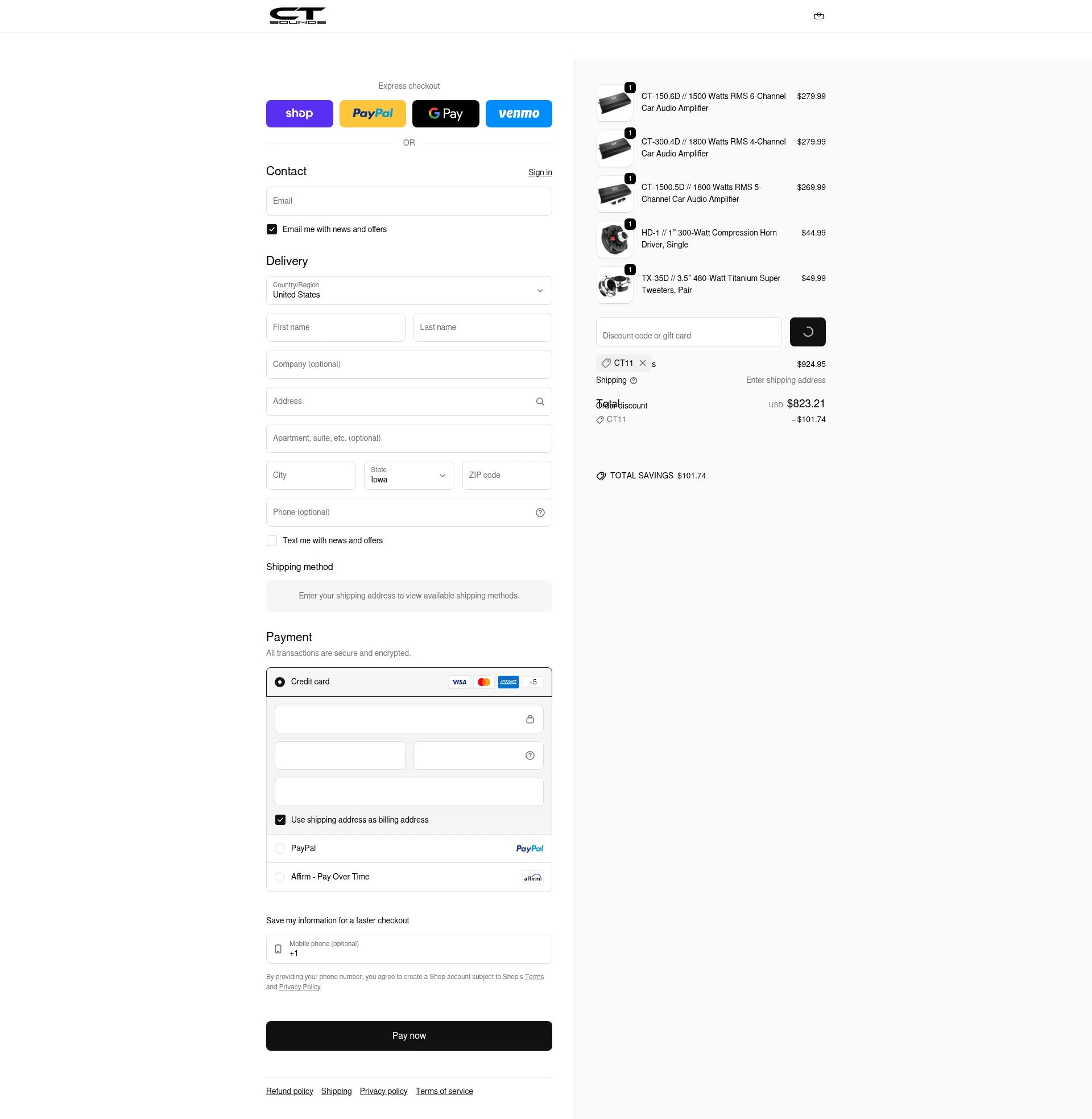 CT Sounds checkout page showing CT Sounds discount code box | Screenshot taken by SimplyCodes community member on Feb 12, 2026
