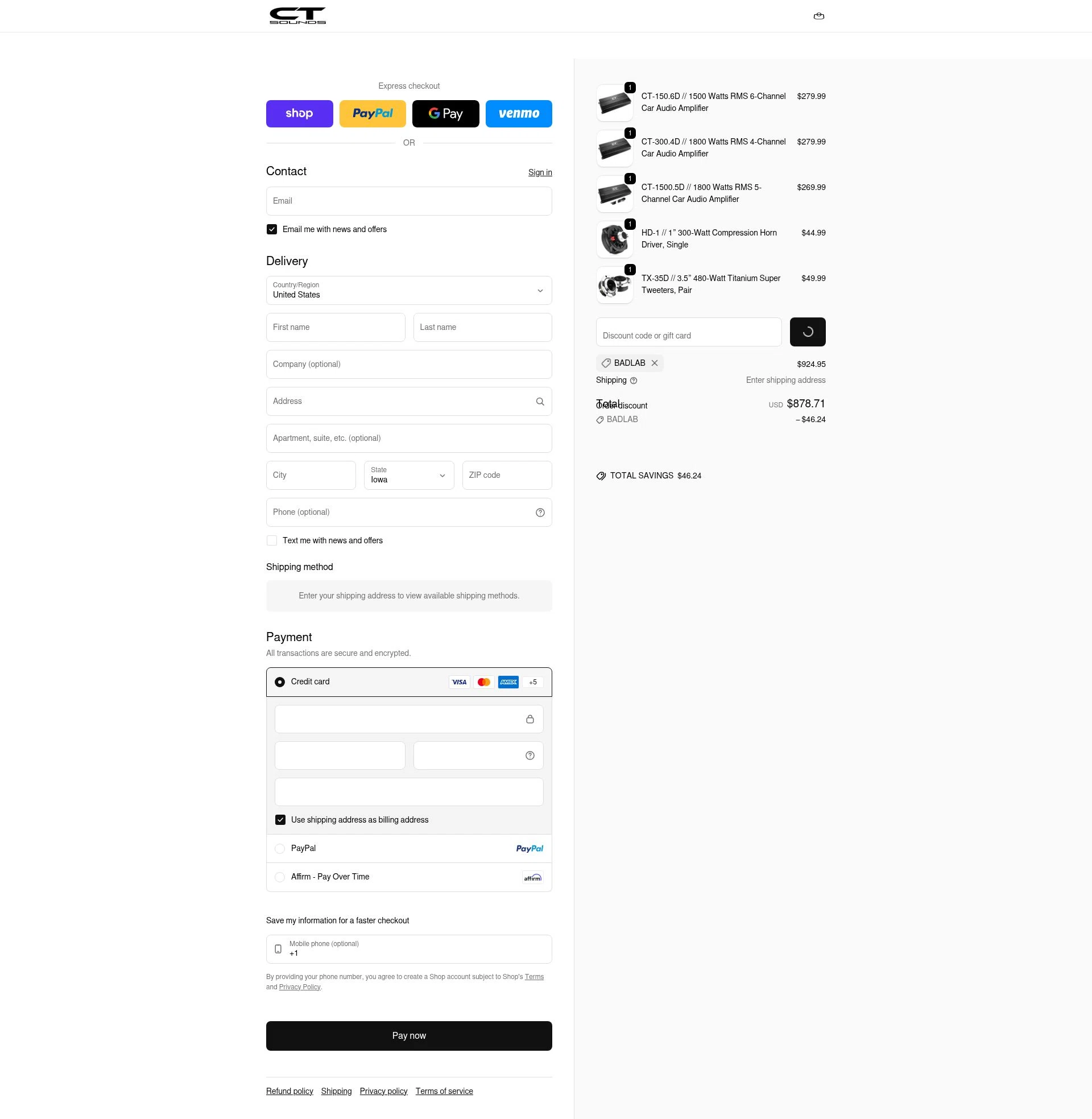 CT Sounds checkout page showing CT Sounds discount code box | Screenshot taken by SimplyCodes community member on Feb 12, 2026