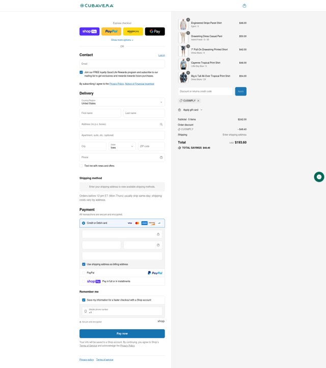 Cubavera checkout page showing Cubavera discount code box | Screenshot taken by SimplyCodes community member on Jul 23, 2025