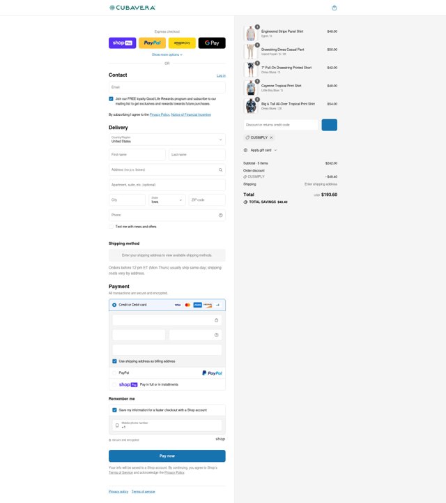 Cubavera checkout page showing Cubavera discount code box | Screenshot taken by SimplyCodes community member on Jul 26, 2025