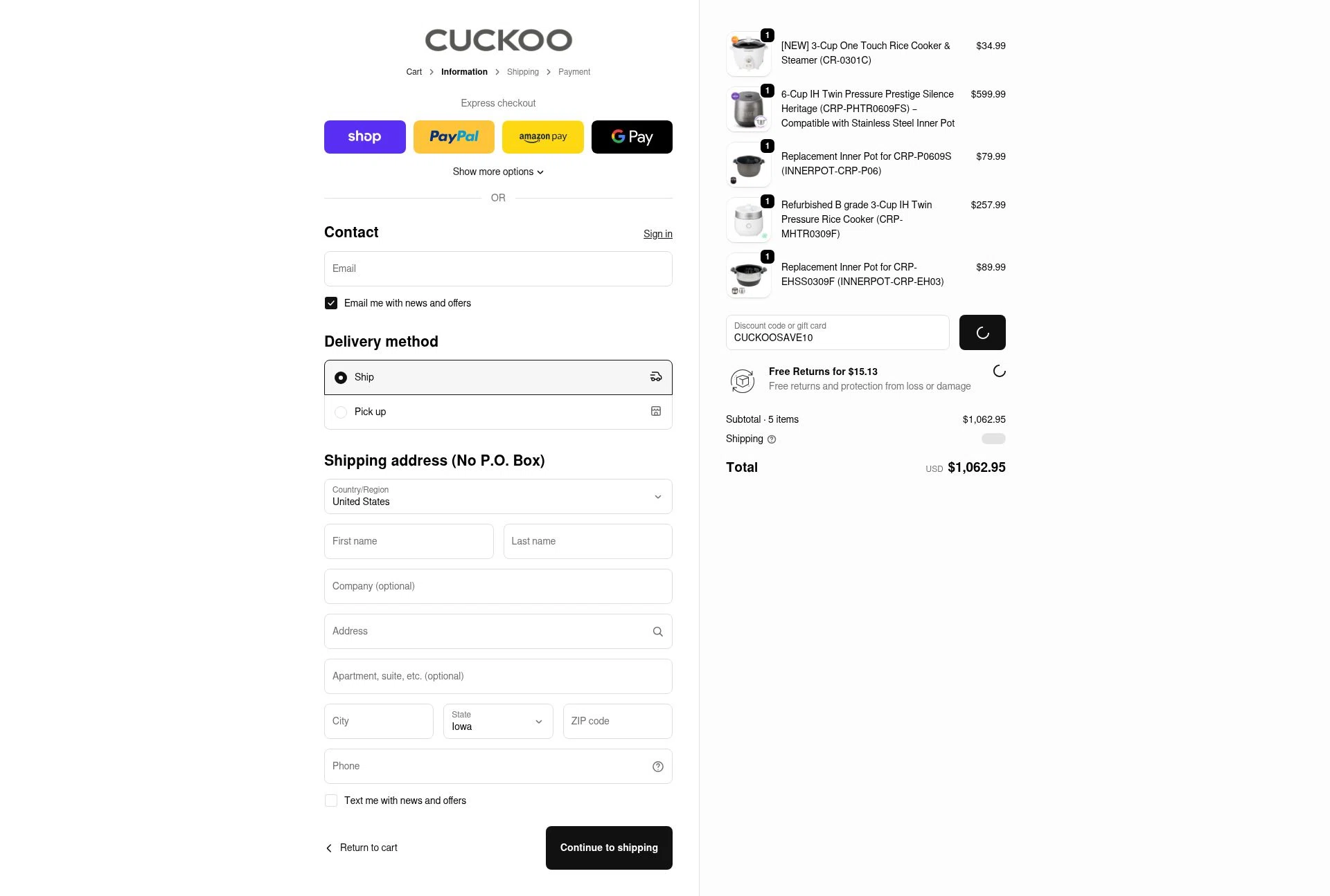 CUCKOO America checkout page showing CUCKOO America promo code box | Screenshot taken by SimplyCodes community member on Jan 4, 2026