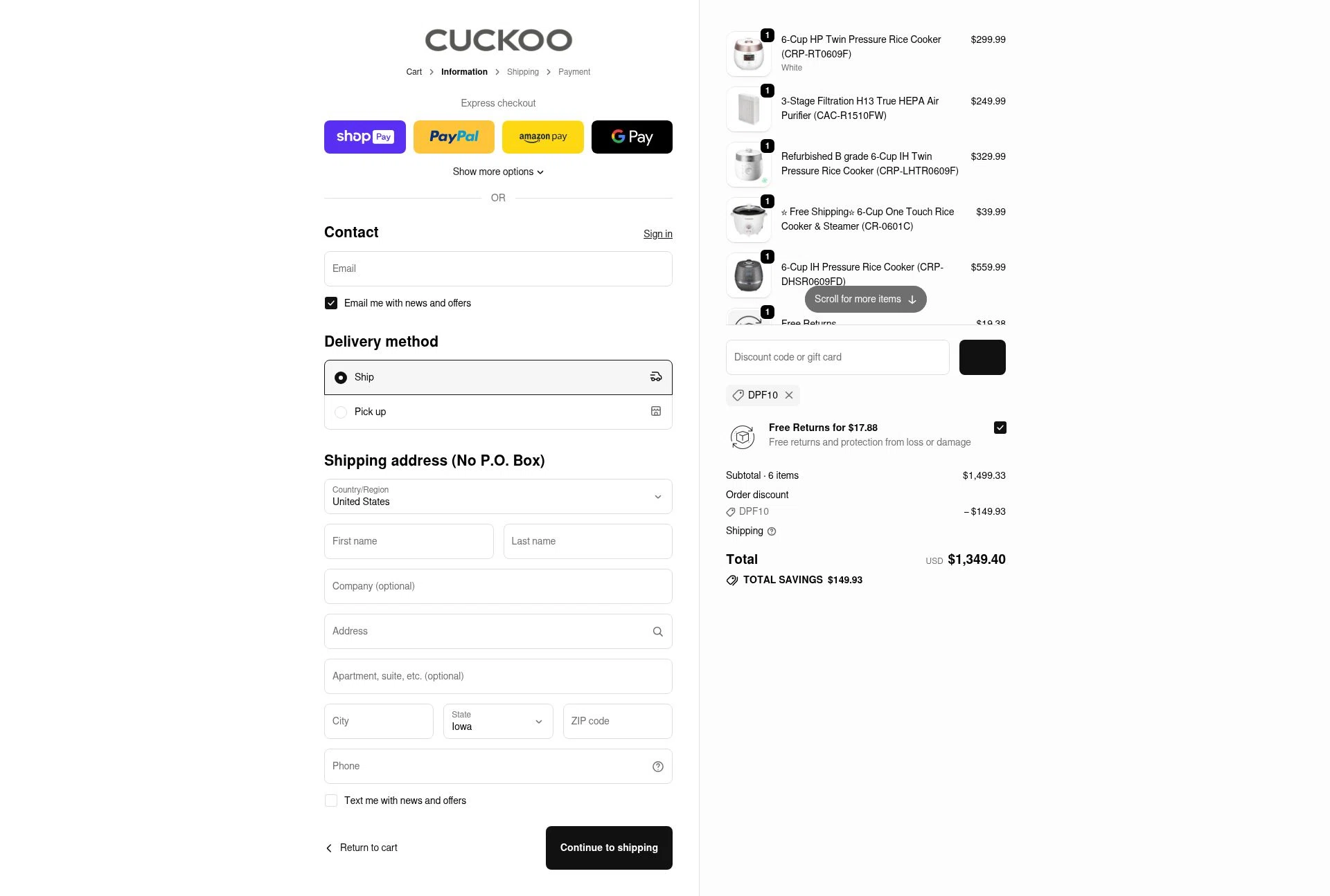 CUCKOO America checkout page showing CUCKOO America promo code box | Screenshot taken by SimplyCodes community member on Jan 9, 2026