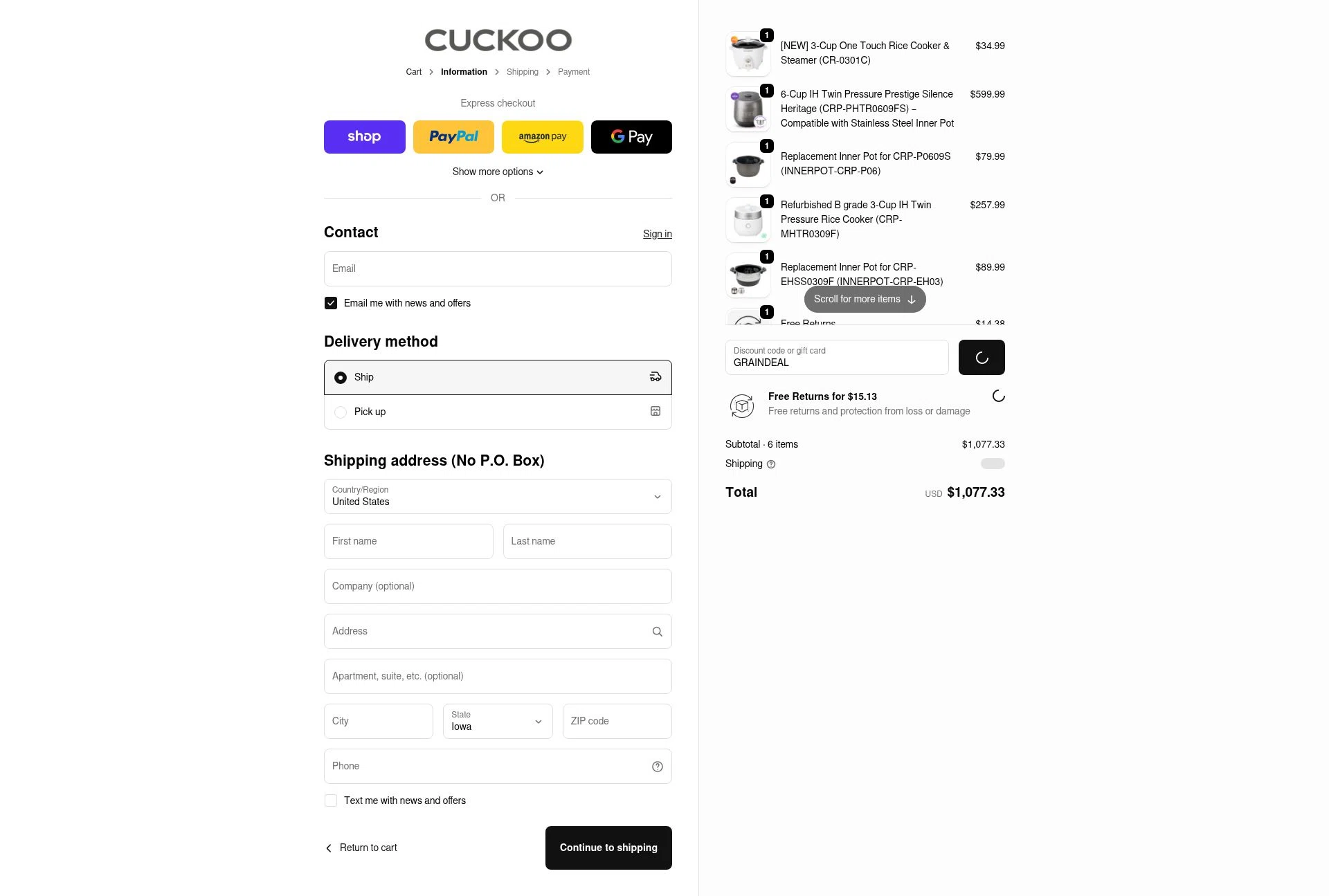 CUCKOO America checkout page showing CUCKOO America promo code box | Screenshot taken by SimplyCodes community member on Jan 4, 2026