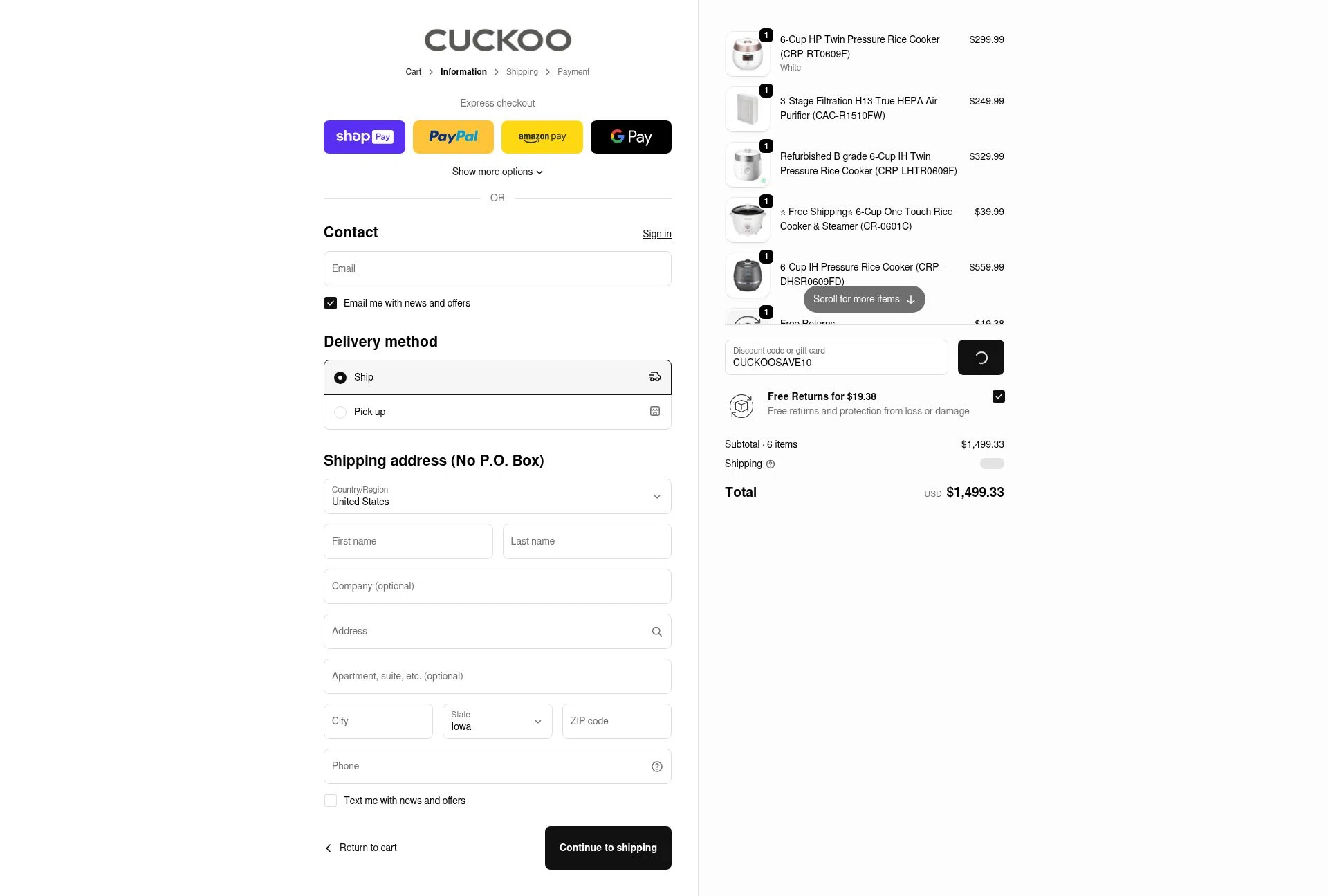 CUCKOO America checkout page showing CUCKOO America promo code box | Screenshot taken by SimplyCodes community member on Jan 9, 2026