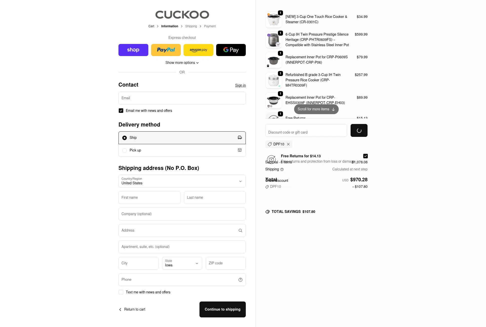 CUCKOO America checkout page showing CUCKOO America promo code box | Screenshot taken by SimplyCodes community member on Jan 4, 2026