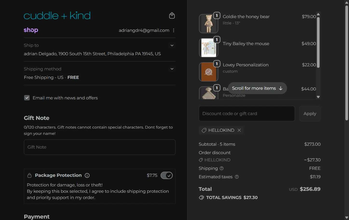 Cuddle+Kind checkout page showing Cuddle+Kind promo code box | Screenshot taken by SimplyCodes community member on Feb 4, 2026