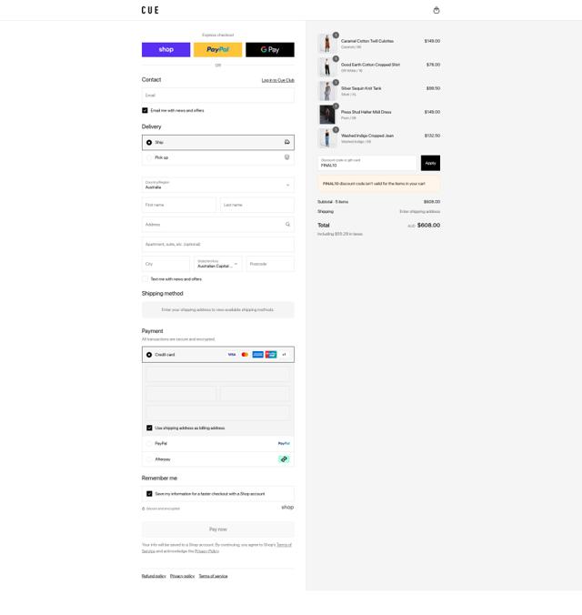 Cue checkout page showing Cue promo code box | Screenshot taken by SimplyCodes community member on Sep 6, 2025
