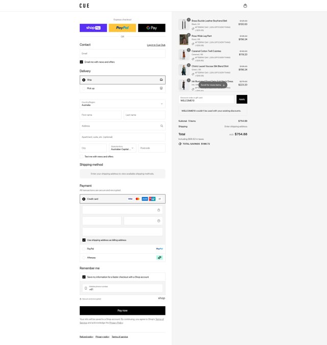 Cue checkout page showing Cue promo code box | Screenshot taken by SimplyCodes community member on Aug 15, 2025