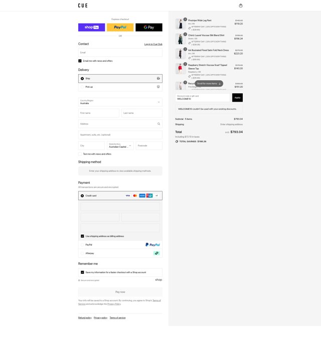 Cue checkout page showing Cue promo code box | Screenshot taken by SimplyCodes community member on Aug 11, 2025
