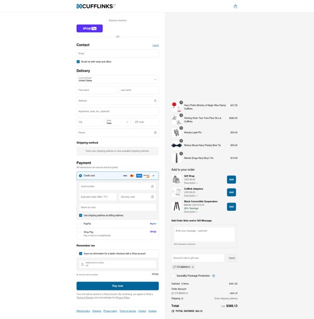 Cufflinks.com checkout page showing Cufflinks.com promo code box | Screenshot taken by SimplyCodes community member on Aug 23, 2025