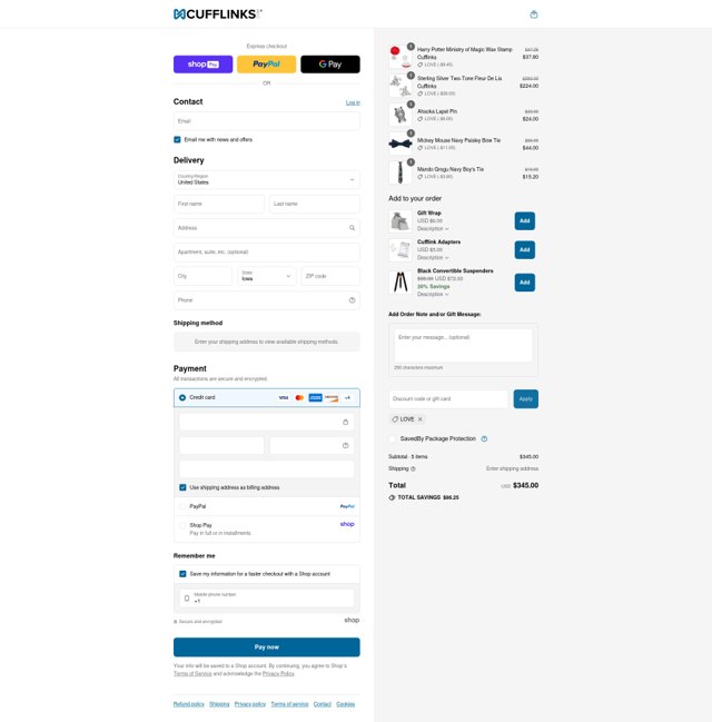 Cufflinks.com checkout page showing Cufflinks.com promo code box | Screenshot taken by SimplyCodes community member on Aug 27, 2025