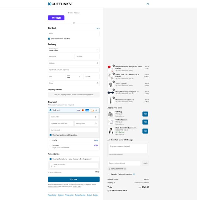 Cufflinks.com checkout page showing Cufflinks.com promo code box | Screenshot taken by SimplyCodes community member on Aug 27, 2025