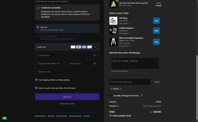 Cufflinks.com checkout page showing Cufflinks.com promo code box | Screenshot taken by SimplyCodes community member on Aug 31, 2025