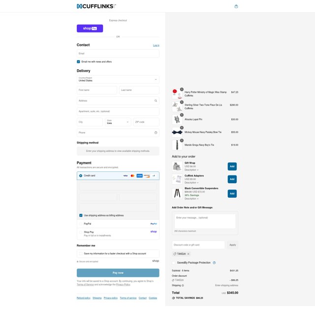 Cufflinks.com checkout page showing Cufflinks.com promo code box | Screenshot taken by SimplyCodes community member on Aug 23, 2025