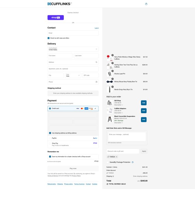 Cufflinks.com checkout page showing Cufflinks.com promo code box | Screenshot taken by SimplyCodes community member on Aug 27, 2025