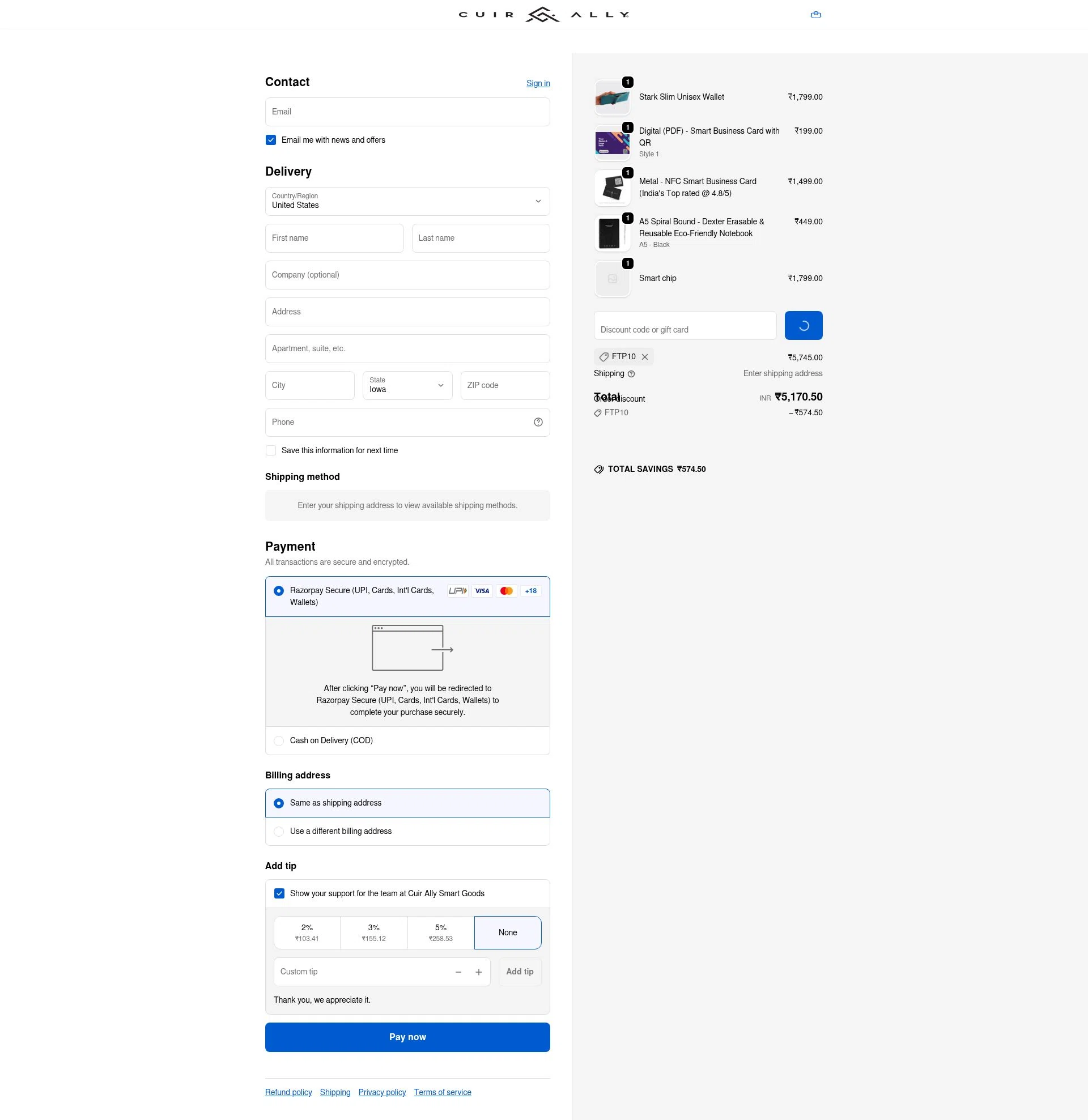 Cuir Ally checkout page showing Cuir Ally promo code box | Screenshot taken by SimplyCodes community member on Jan 8, 2026