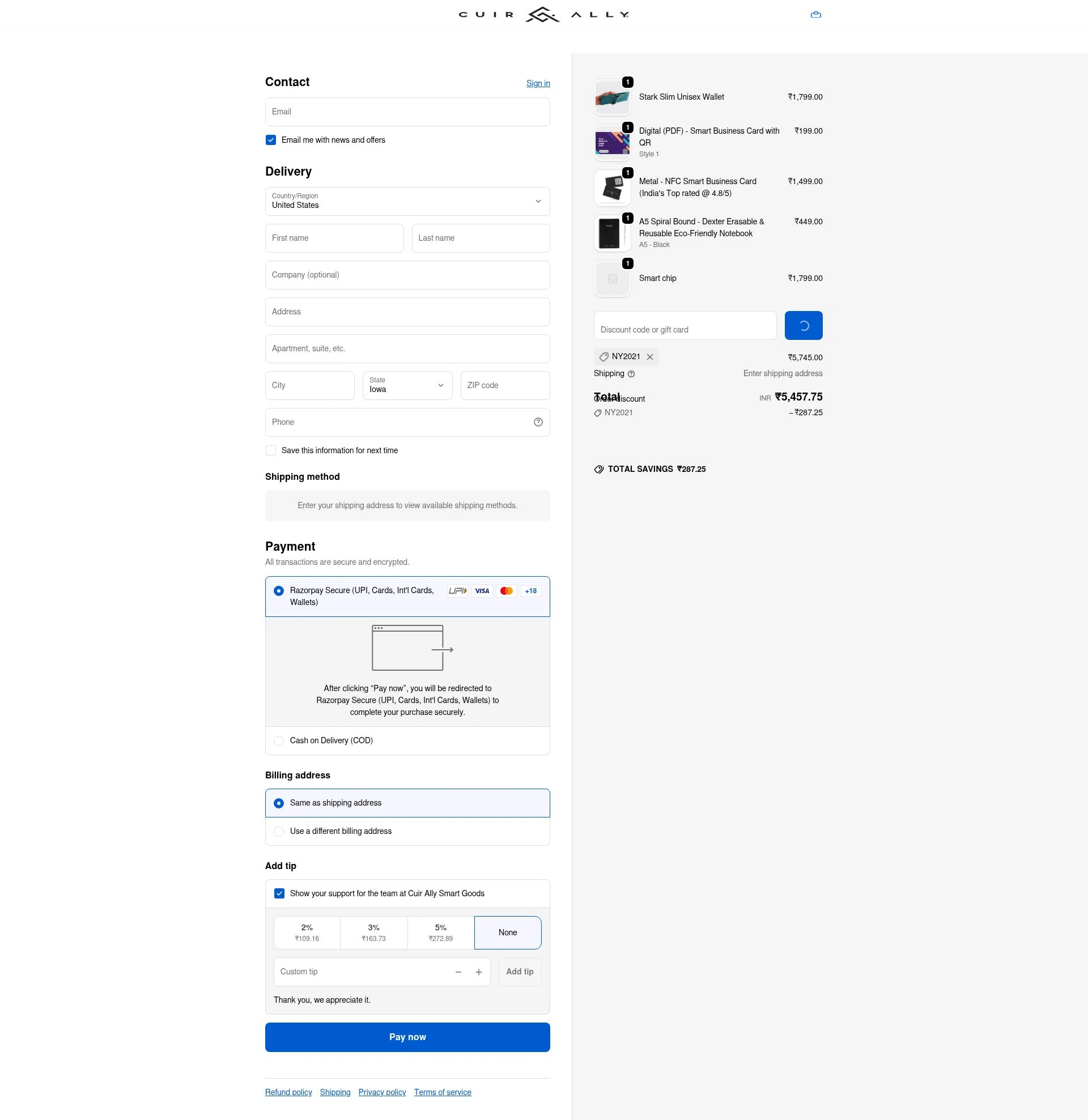 Cuir Ally checkout page showing Cuir Ally promo code box | Screenshot taken by SimplyCodes community member on Jan 8, 2026