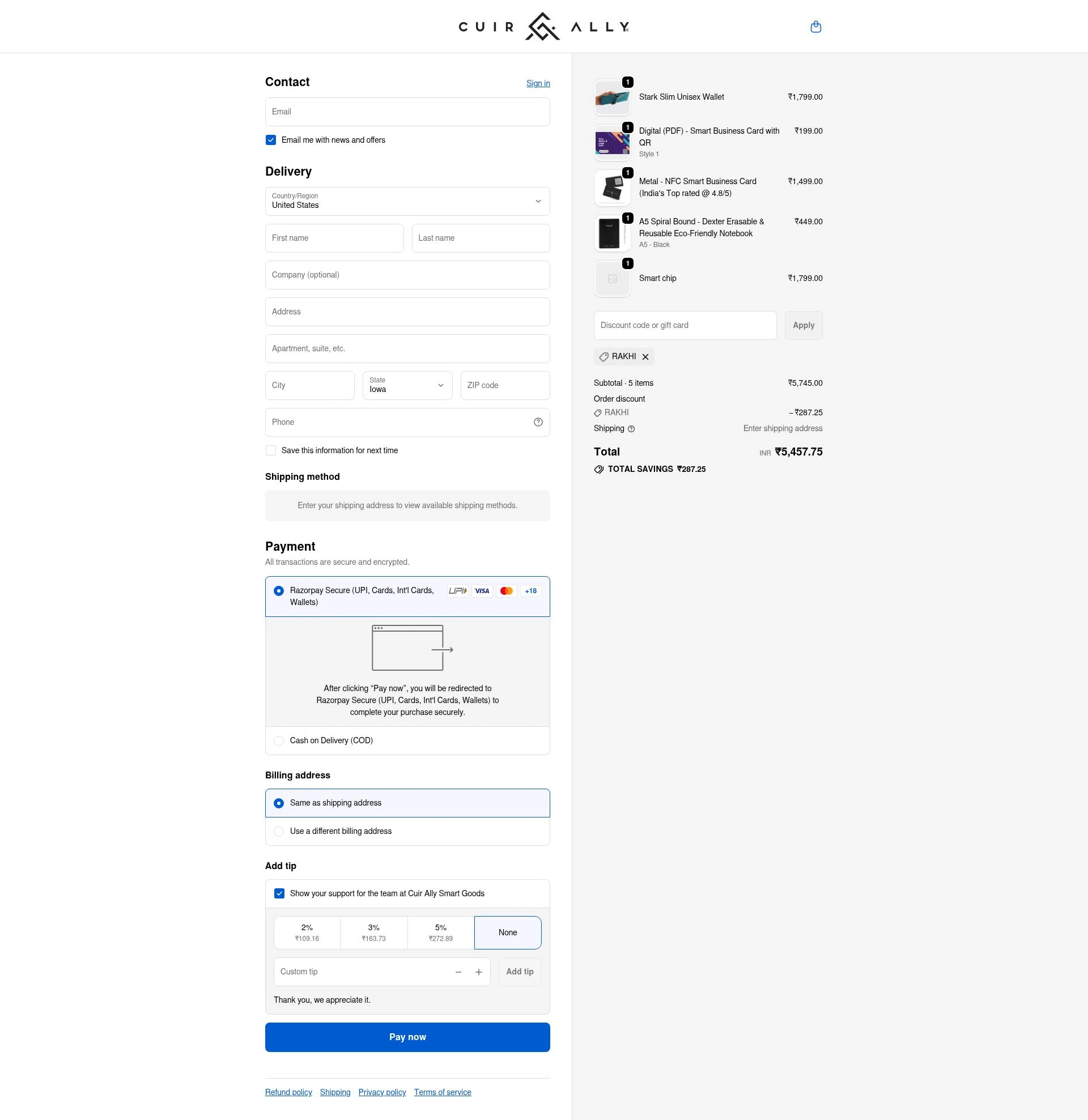 Cuir Ally checkout page showing Cuir Ally promo code box | Screenshot taken by SimplyCodes community member on Jan 8, 2026