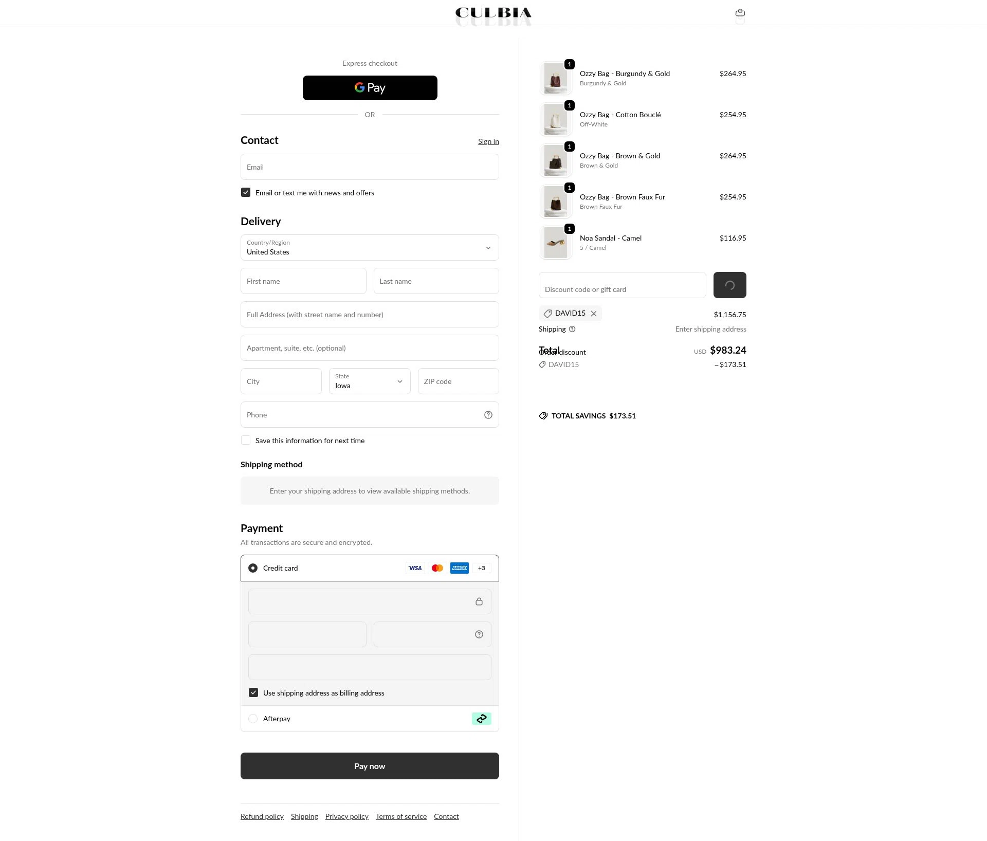 Culbia checkout page showing Culbia discount code box | Screenshot taken by SimplyCodes community member on Feb 22, 2026