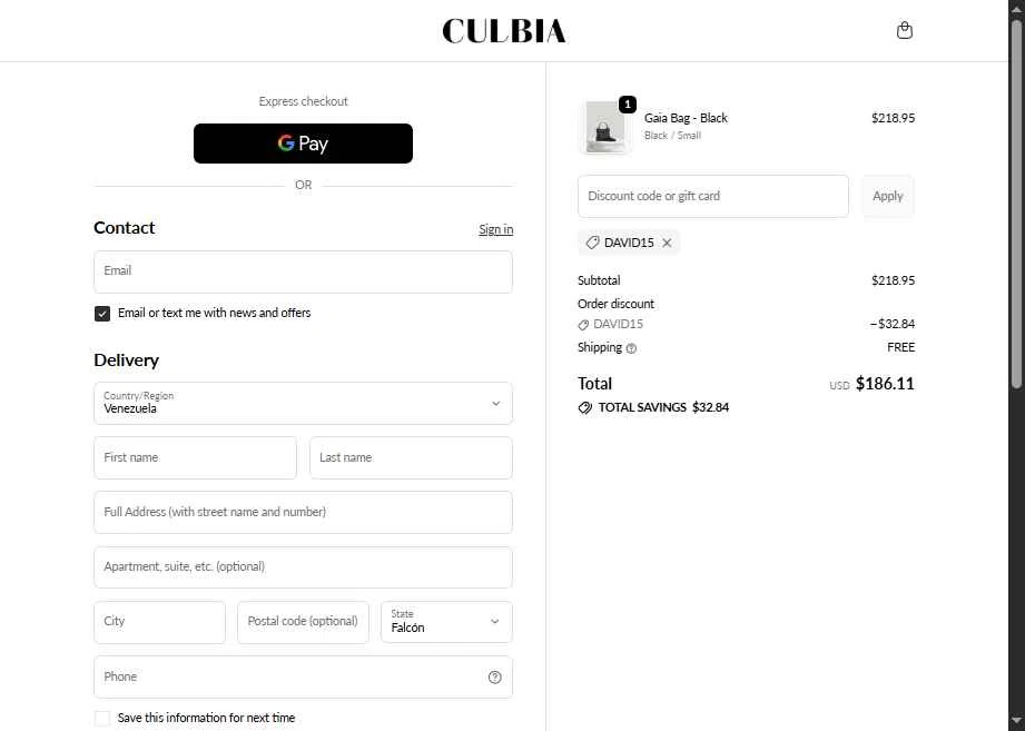 Culbia checkout page showing Culbia discount code box | Screenshot taken by SimplyCodes community member on Feb 22, 2026