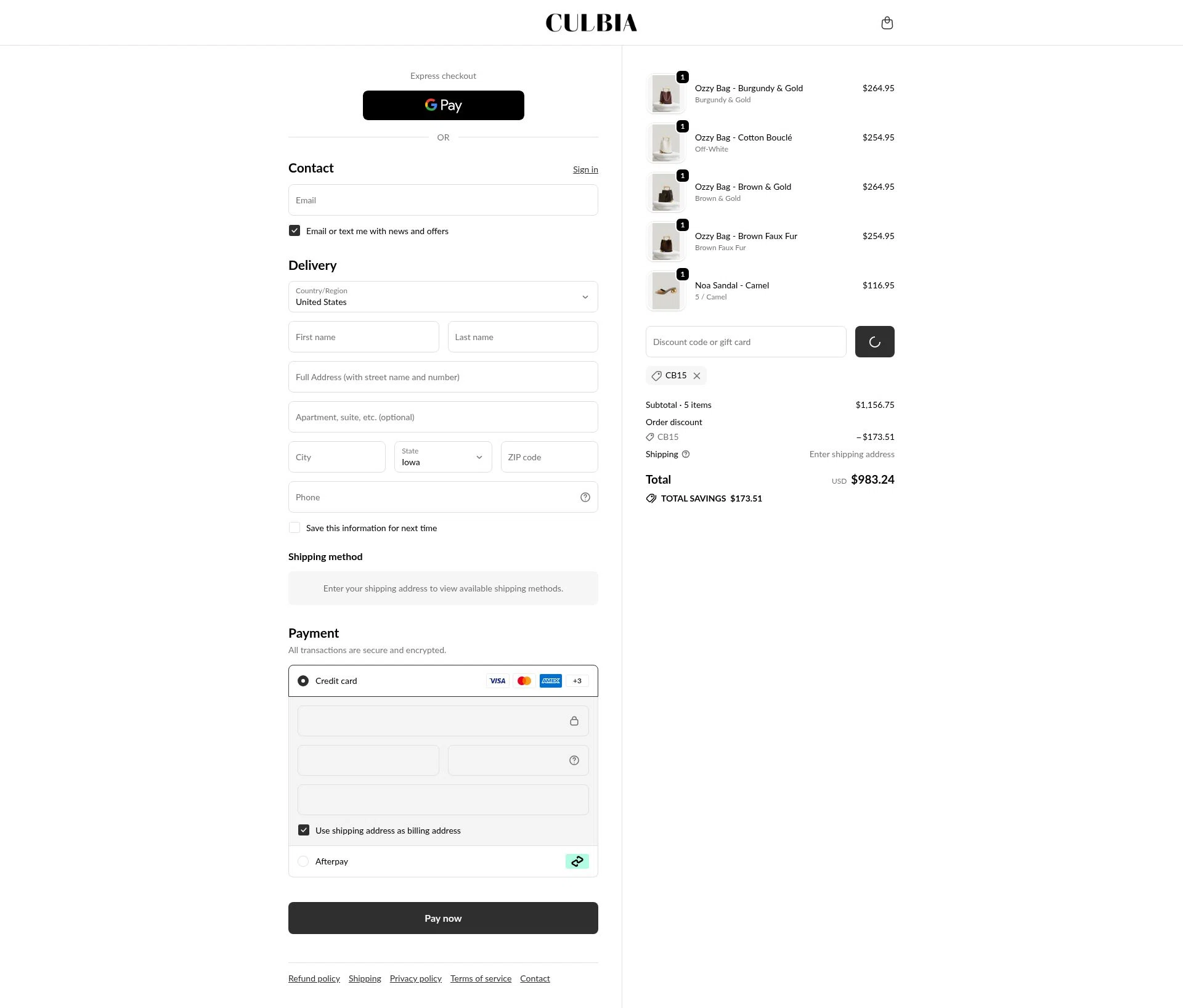 Culbia checkout page showing Culbia discount code box | Screenshot taken by SimplyCodes community member on Feb 18, 2026