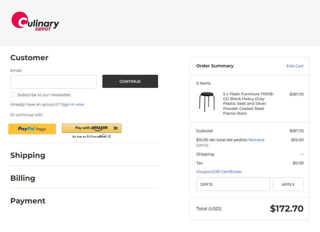 Culinary Depot checkout page showing Culinary Depot coupon code box | Screenshot taken by SimplyCodes community member on Jul 24, 2025