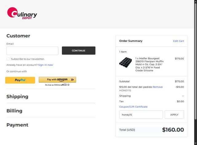 Culinary Depot checkout page showing Culinary Depot coupon code box | Screenshot taken by SimplyCodes community member on Aug 26, 2025