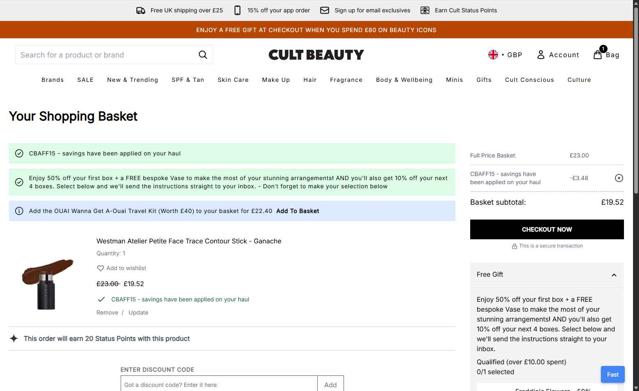 Cult Beauty checkout page showing Cult Beauty promo code box | Screenshot taken by SimplyCodes community member on Jun 9, 2025