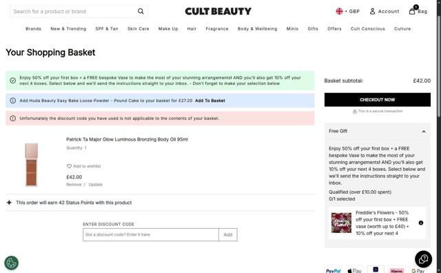 Cult Beauty checkout page showing Cult Beauty promo code box | Screenshot taken by SimplyCodes community member on Apr 20, 2025