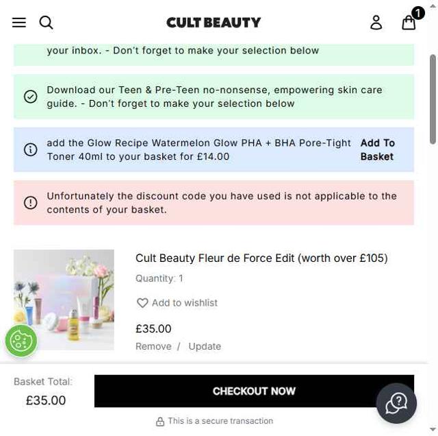 Cult Beauty checkout page showing Cult Beauty promo code box | Screenshot taken by SimplyCodes community member on May 22, 2025